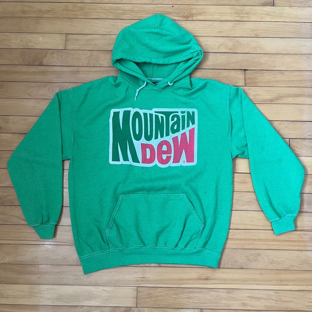 Vintage Y2K Mountain Dew Graphic Hoodie Sweatshirt Green Logo Size Medium Soda